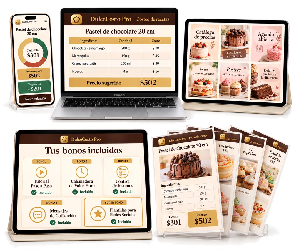 Kit completo DulceCosto Pro: app en iPhone, planilla en MacBook, plantillas y bonos en iPad y fichas de receta impresas