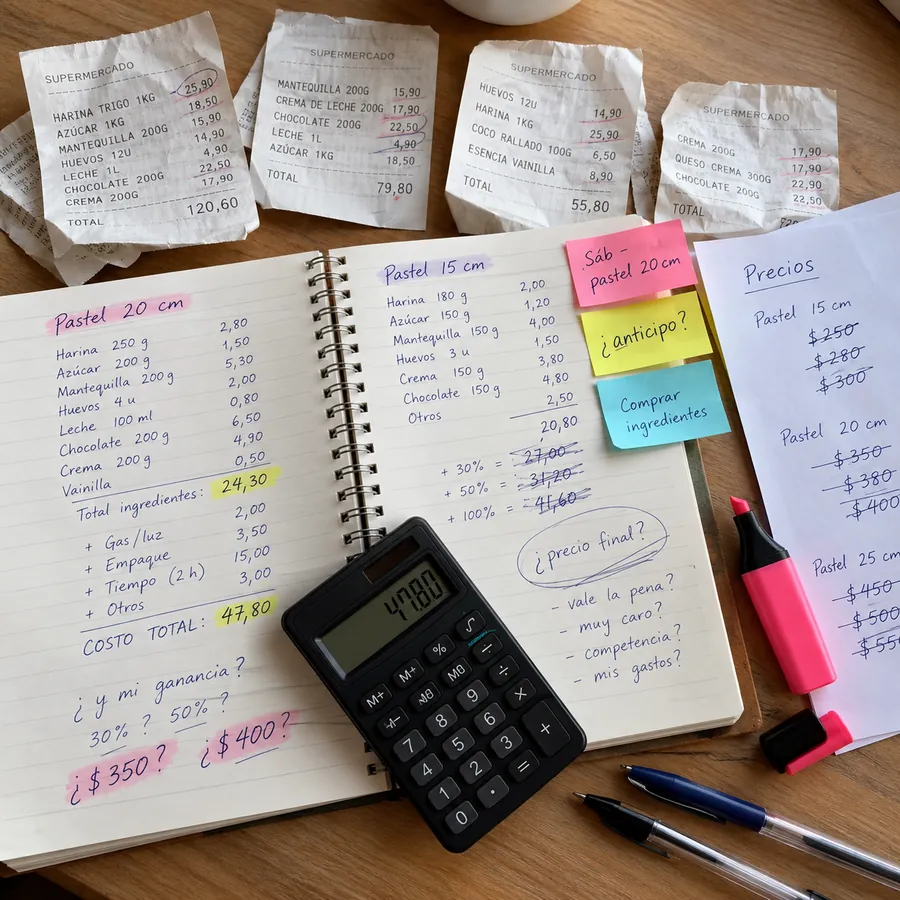 Mesa de una repostera con cuentas a mano, tickets y una calculadora